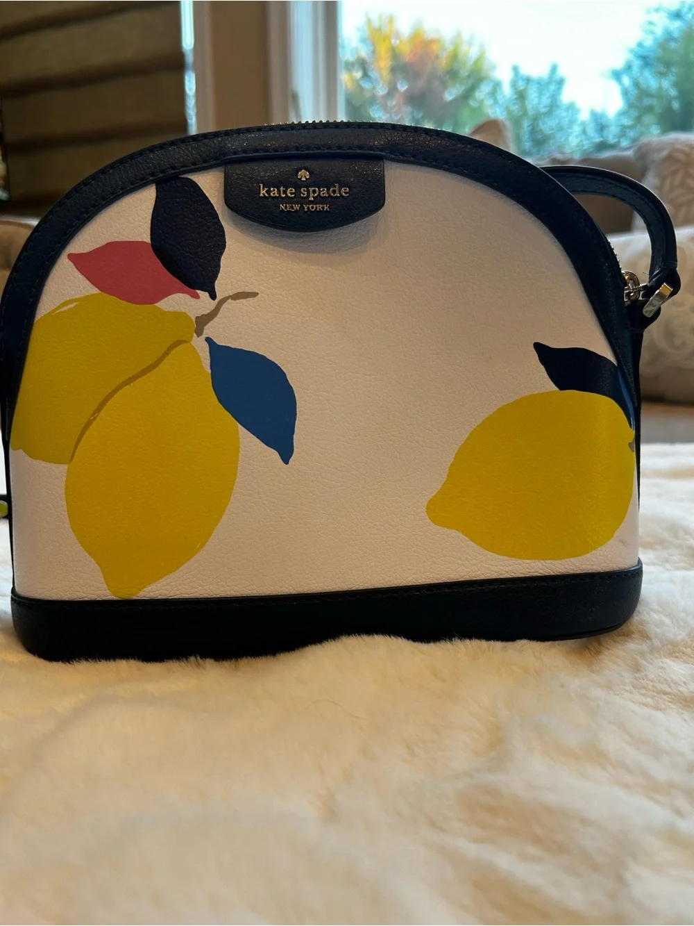 kate spade White Lemon Print Dome Cosmetic Bag - Yellow/Blue/Navy/Pink